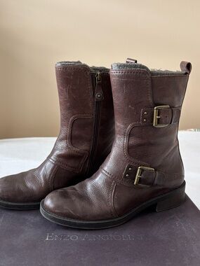 Enzo Angiolini Women's Dark Brown Leather Lace-Up Buckle Boots